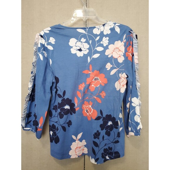 Chico's Cotton/Modal Floral Troupe Puff-Sleeve V-Neck T-Shirt Ruffle Size 1 Med - Picture 4 of 7